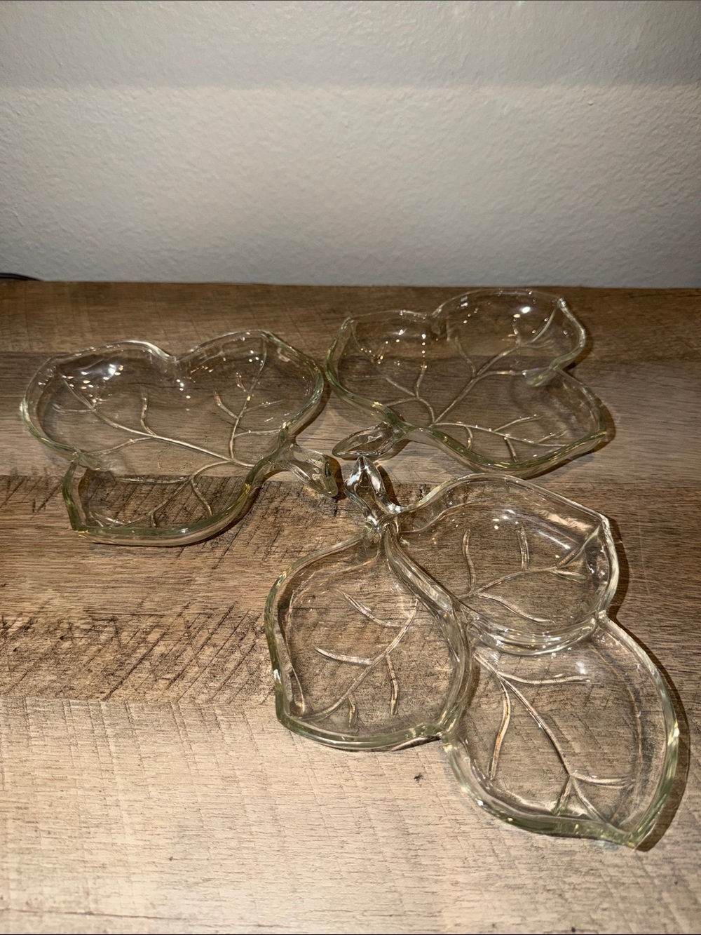 Vintage Leaf-Shaped Clear Glass Serving Tray Set of Three